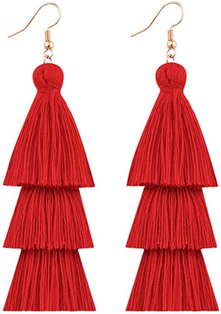 3 Tier Layered Colorful Tassel Earrings Bohemian Big Dangle Drop Fashion Jewelry Earrings for Wom... | Amazon (US)