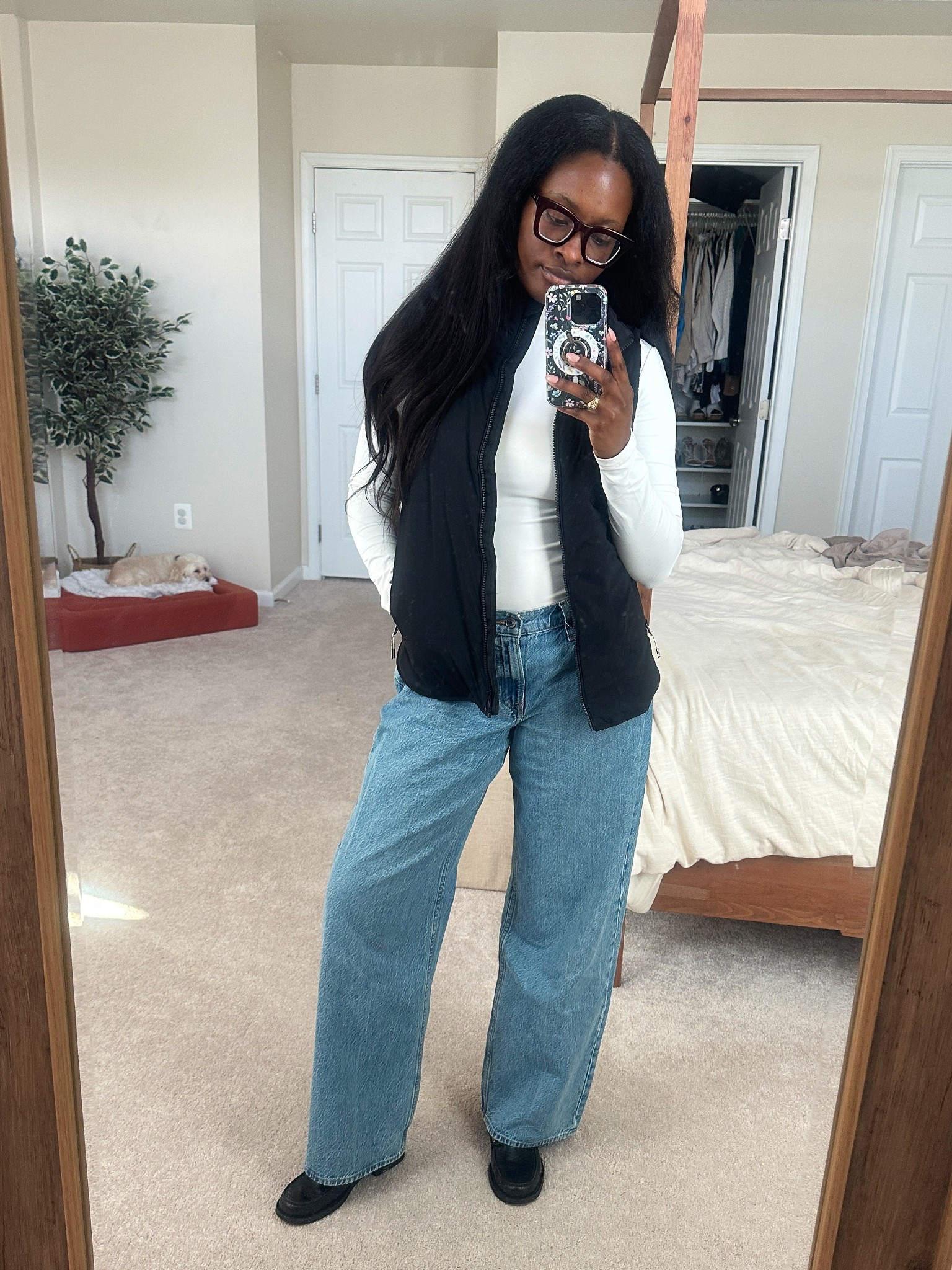 Running errands ootd. Mock turtleneck bodysuit, black vest, wide leg jeans and black loafers 

#LTKFindsUnder100 #LTKStyleTip #LTKShoeCrush