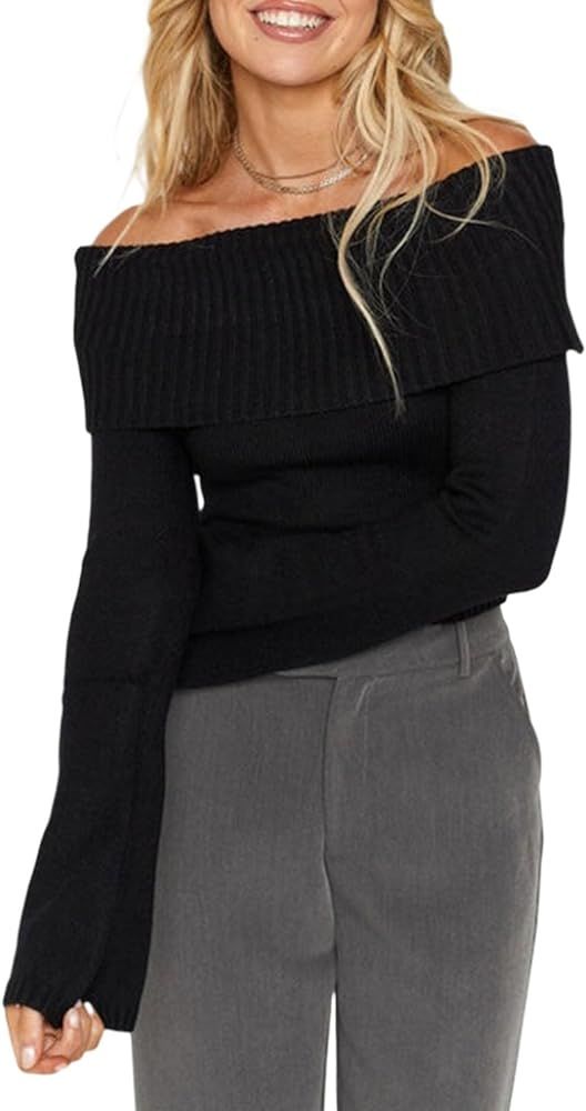 Women Fall Sweater Long Sleeve Off-Shoulder Solid Casaul Jumpers Knit Pullover Tops for Daily | Amazon (UK)