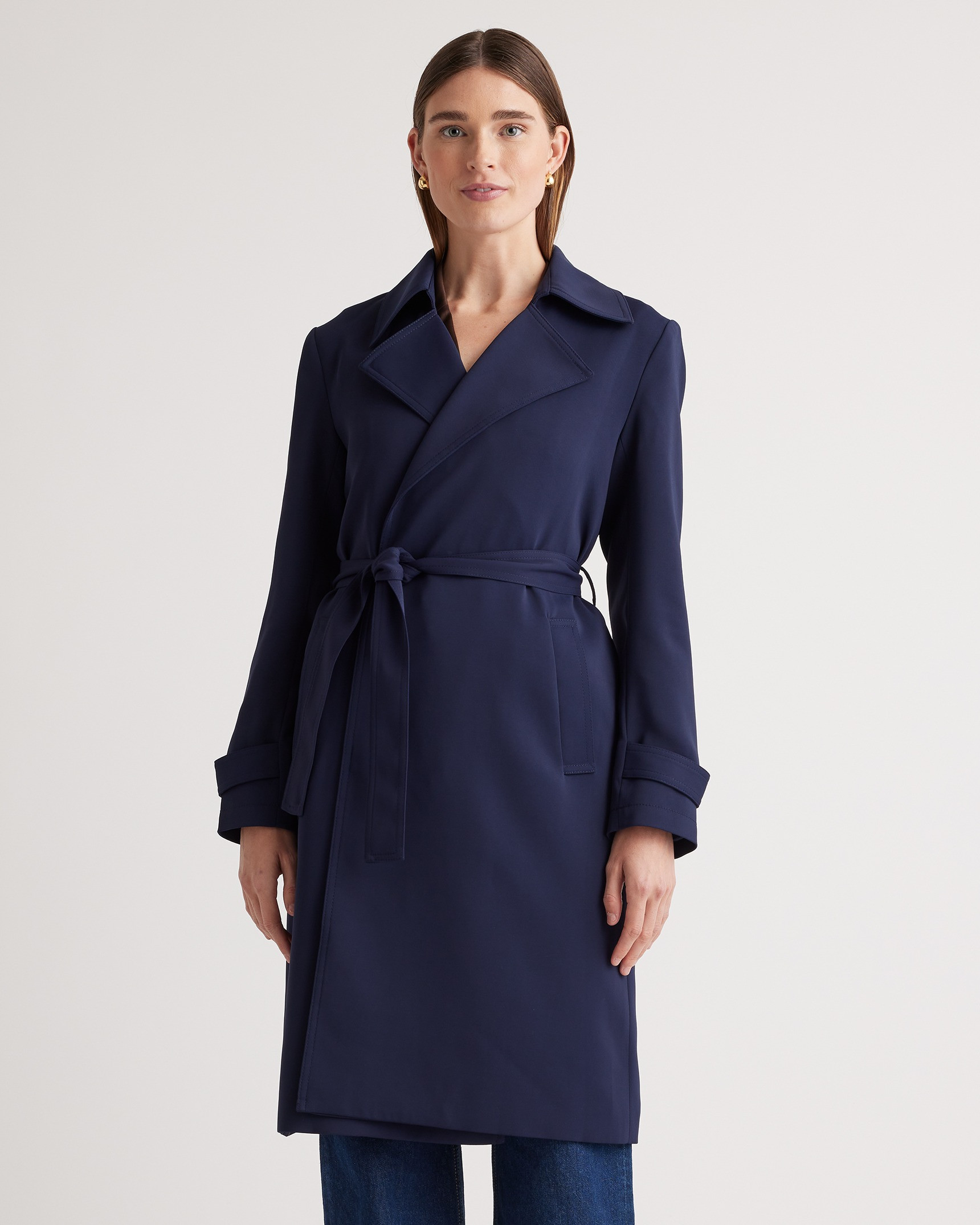 Quince | Women's Stretch Crepe Trench Coat in Navy, Size Medium, Recycled Polyester | Quince