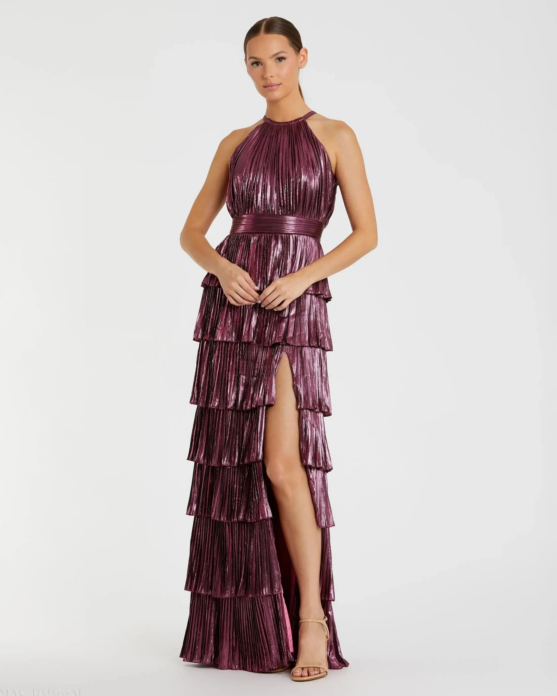 High Neck Heat Pleated Tiered Ruffle Metallic Dress | Mac Duggal