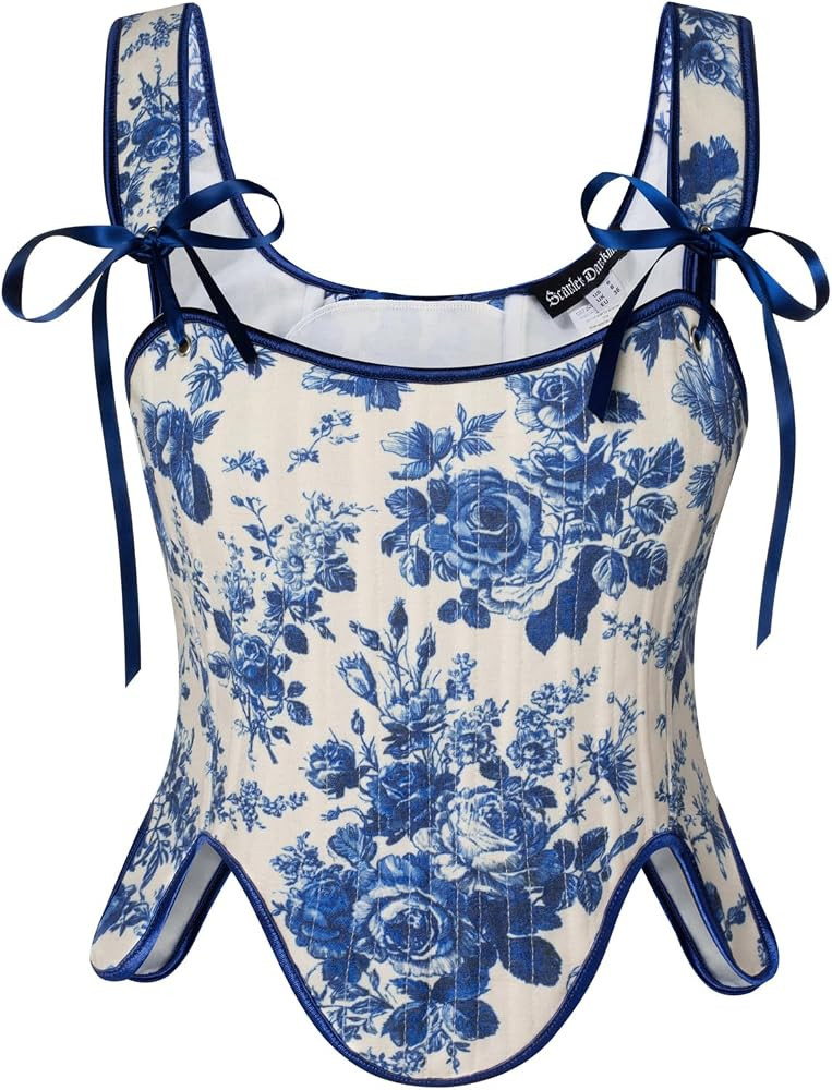 SCARLET DARKNESS Women’s Renaissance Corset Top Square Neck Lace-up Floral Print Vintage Corset... | Amazon (UK)