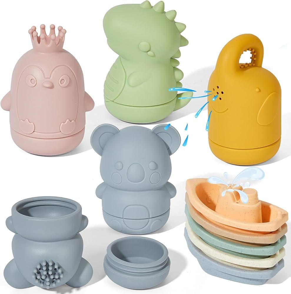 Silicone Bath Toys with Floating Boats for Toddlers 1-3, 9PCS Animal Mold Free Bathtub Toy for In... | Amazon (US)
