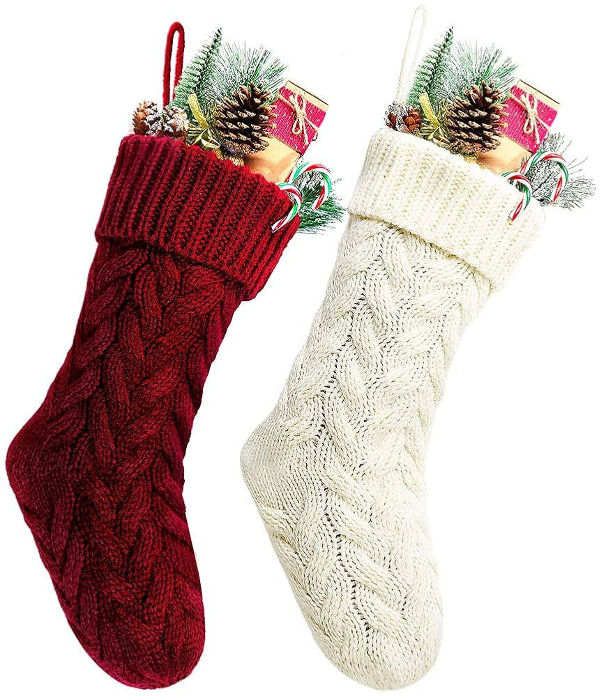 Christmas Stockings, 20 Inch Burgundy and Ivory Cable Knit Stockings Christmas Holiday Decoration... | Amazon (US)