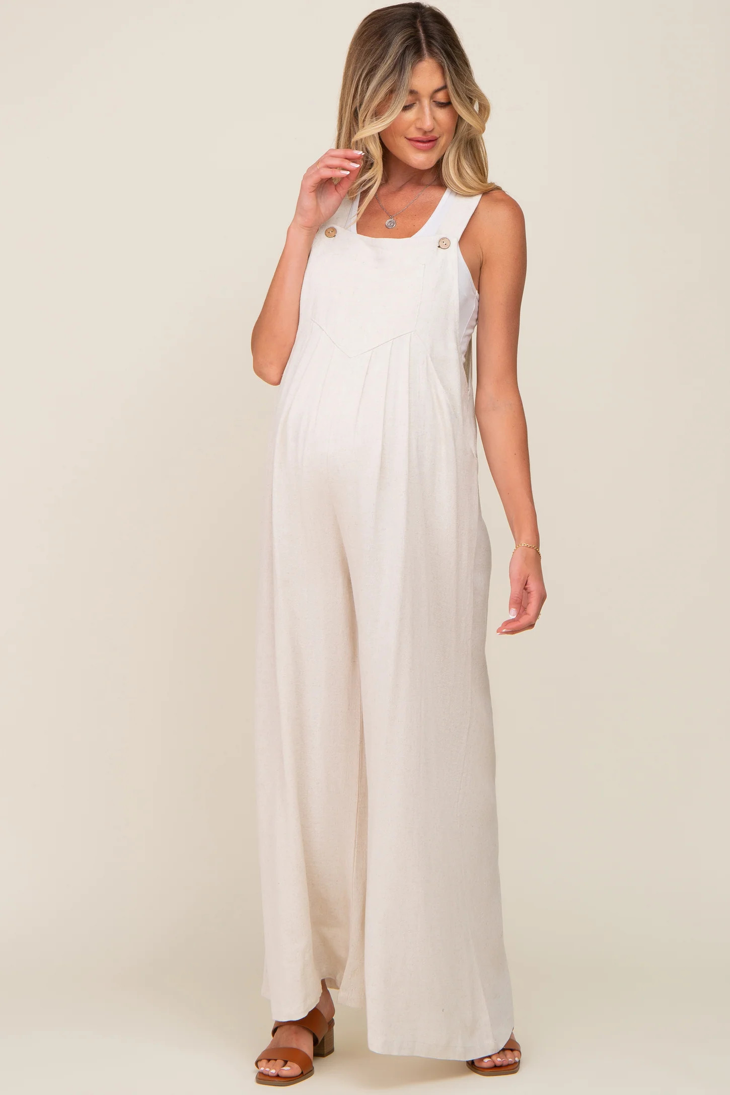Beige Sleeveless Wide Leg Maternity Jumpsuit | PinkBlush Maternity