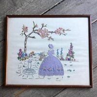Vintage English Country Garden Colorful Framed Embroidery Crewel Work Lady Picture ~ Floral Pastels Original Frame | Etsy (US)