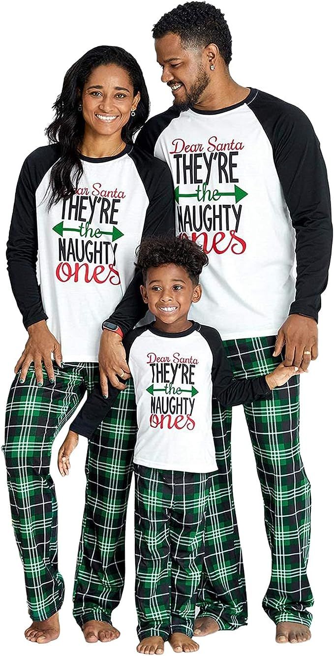 IFFEI Matching Family Pajamas Sets Christmas PJ's Letter Print Top and Plaid Pants Jammies Sleepw... | Amazon (US)