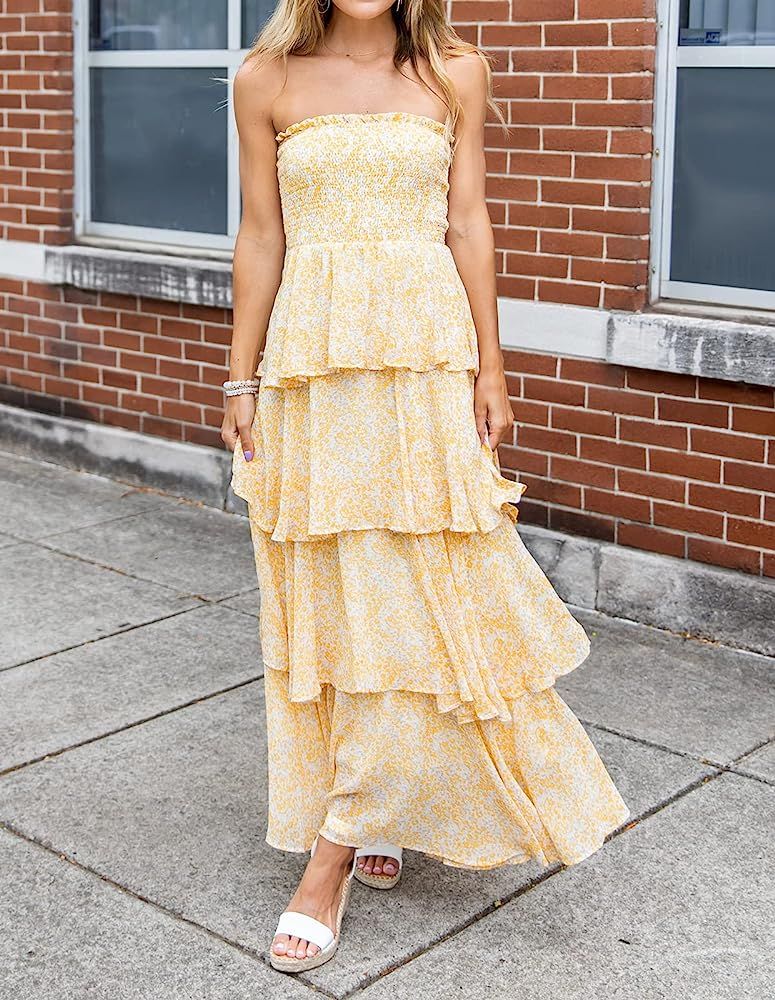 YORGOS Women's Summer Strapless Floral Ruffles Tiered Maxi Dress Smocked Boho Chiffon Long Dress | Amazon (US)