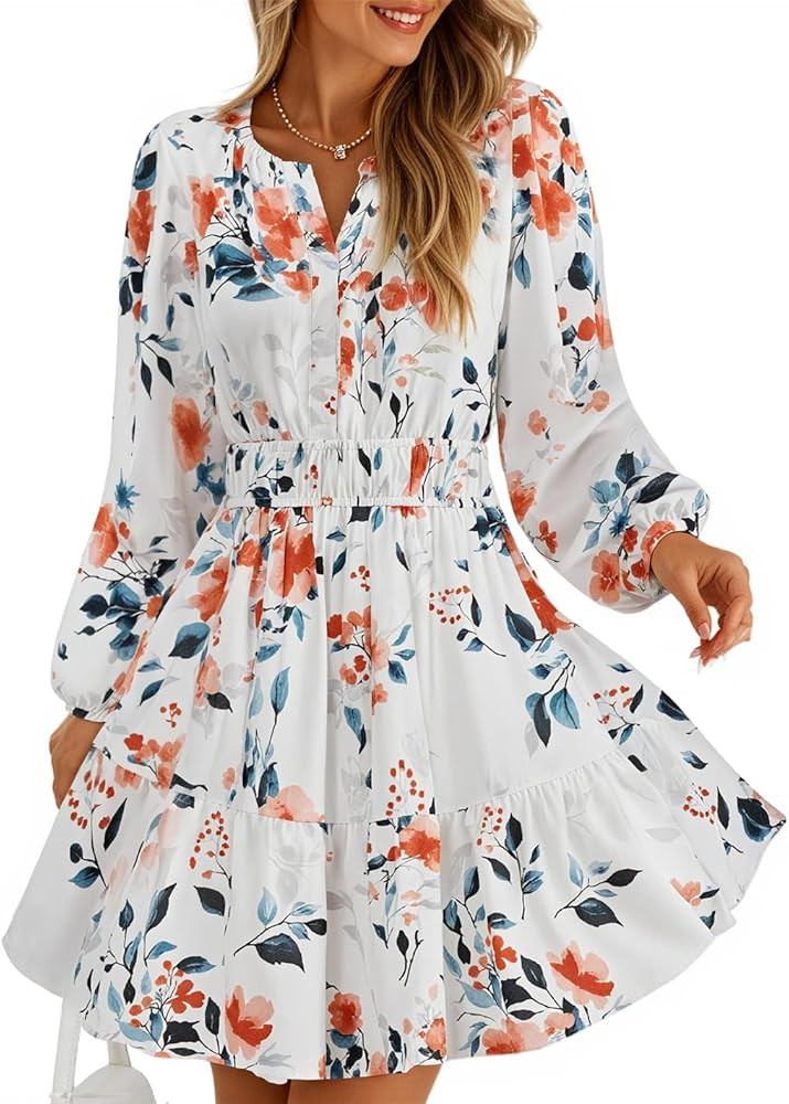 ZESICA Womens Spring Long Sleeve Floral Mini Dress 2026 Summer Boho V Neck A-Line Flowy Dresses B... | Amazon (US)