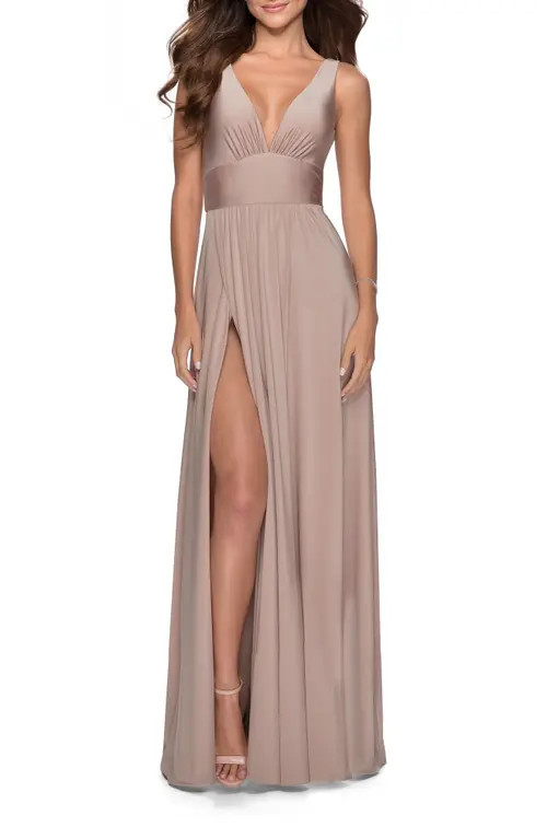 La Femme Empire Waist Gown with Deep V Neckline in Nude at Nordstrom, Size 2 | Nordstrom
