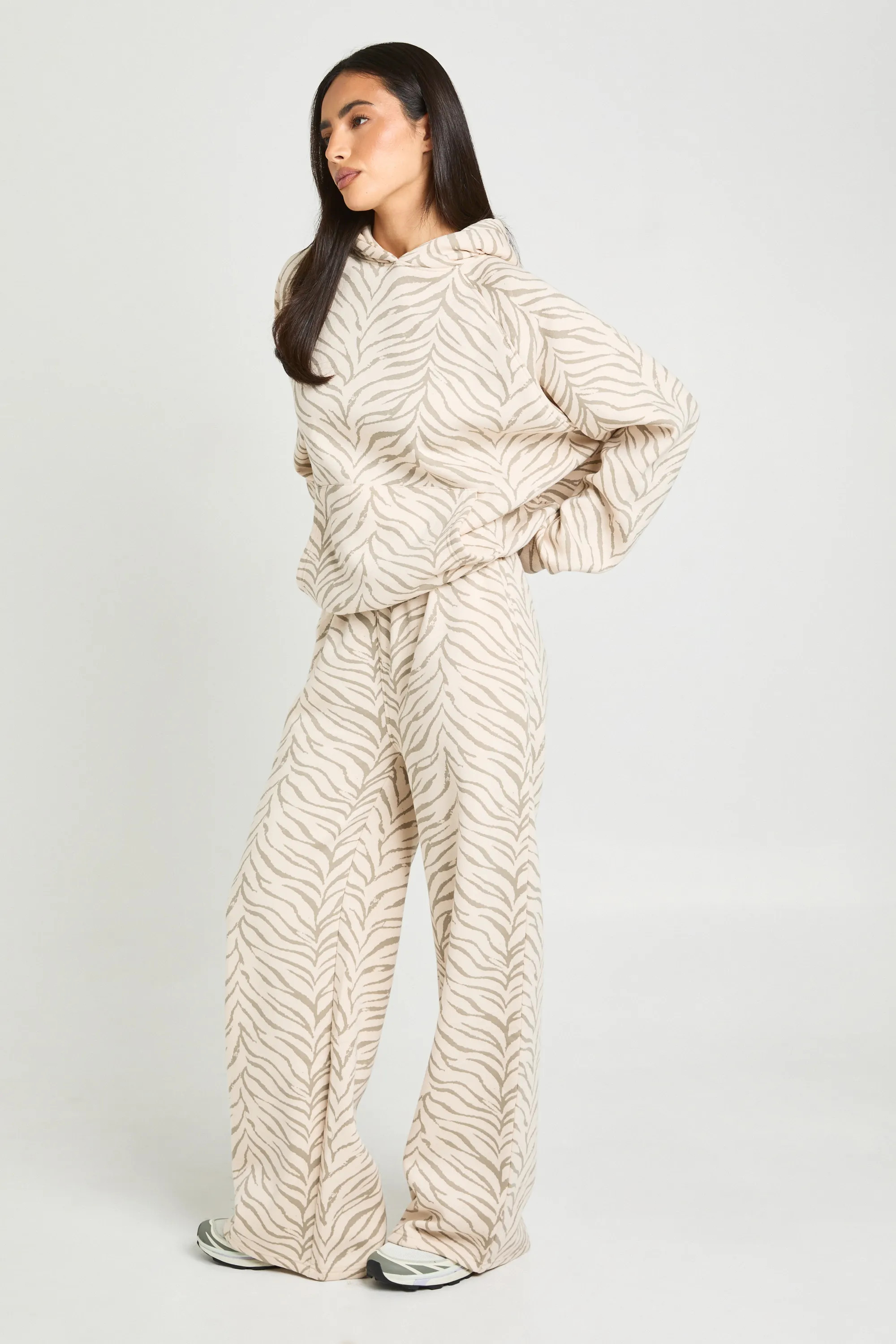 boohoo Women's Zebra Print Mid Rise Straight Leg Jogger Pants in Stone | Size: Large | Polyurethane | boohoo (US & Canada)