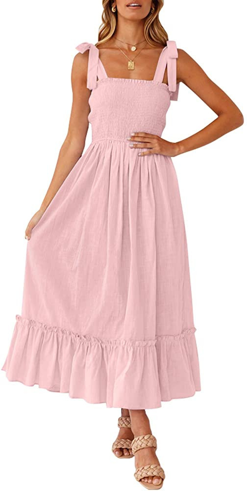 ZESICA Women's 2023 Summer Boho Spaghetti Strap Square Neck Solid Color Ruffle A Line Beach Long ... | Amazon (US)