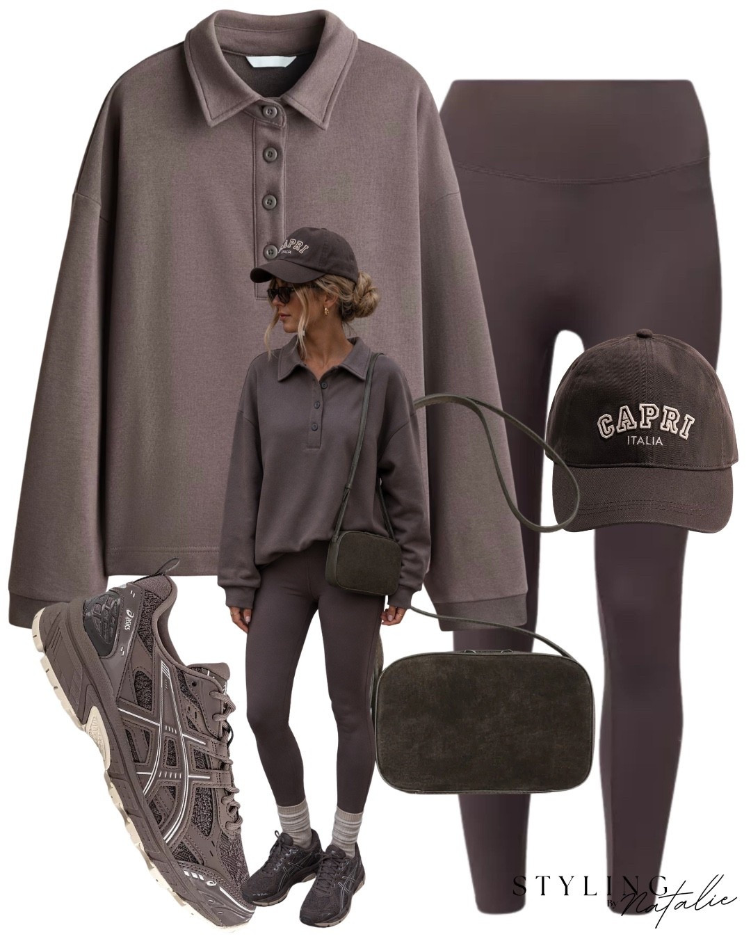 Everyday casual wear- polo sweatshirt, high rise leggings, brown cap, ASICS gel trainers, leather crossbody bag.
Fall, transitional, autumn outfit, athleisure style, sneakers, cool girl. @Varley

#LTKuk #LTKautumn #LTKshoes