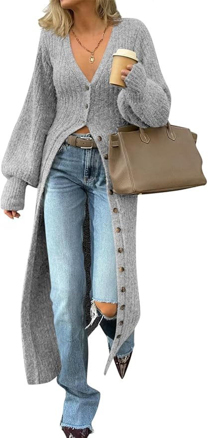 Saodimallsu Womens Long Cardigans V Neck Button Down Chunky Knit Dusters Sweater Coat Fall Trendy... | Amazon (US)