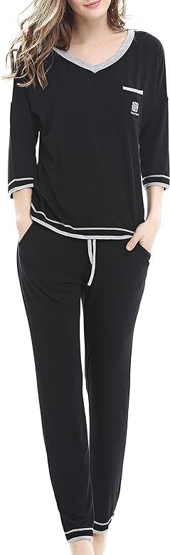 Women's V-Neck Knit Sleepwear 3/4 Sleeves Top with Pants Soft Pajama Set | Amazon (US)