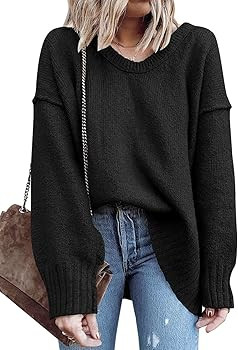 ANRABESS Women’s Casual Long Sleeve V Neck Off Shoulder Loose Baggy Comfy Knit Pullover Sweater... | Amazon (US)