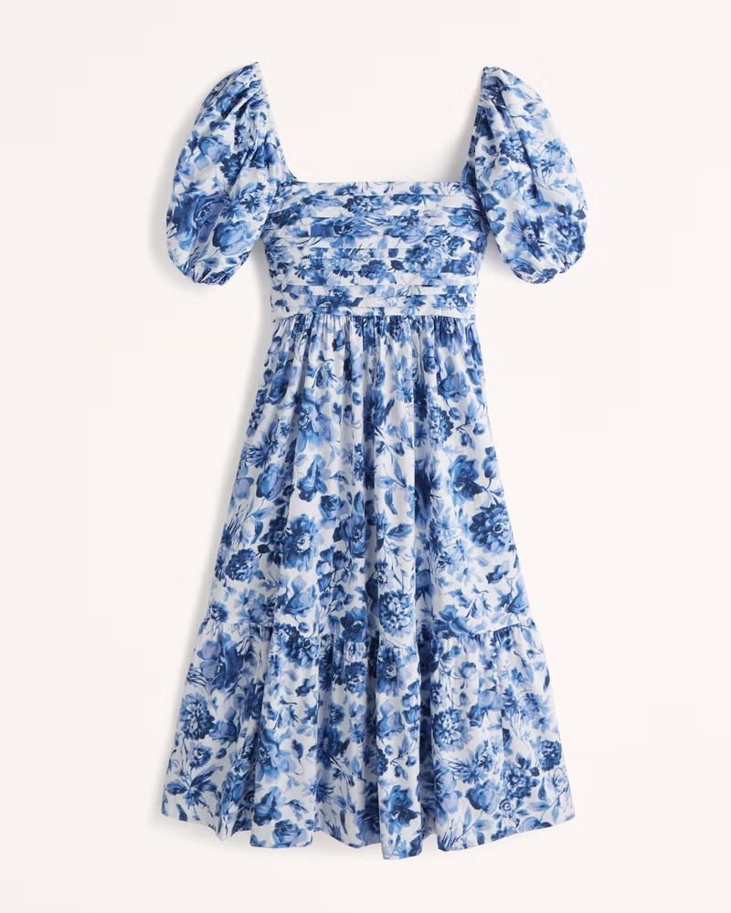 Abercrombie & Fitch Women's Ruched Puff Sleeve Poplin Midi Dress in Blue Floral - Size XXS TLL | Abercrombie & Fitch (US)