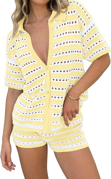 Saodimallsu Womens Crochet Swimsuit Coverup Summer 2 Piece Outfits Striped Knit Short Sleeve Butt... | Amazon (US)