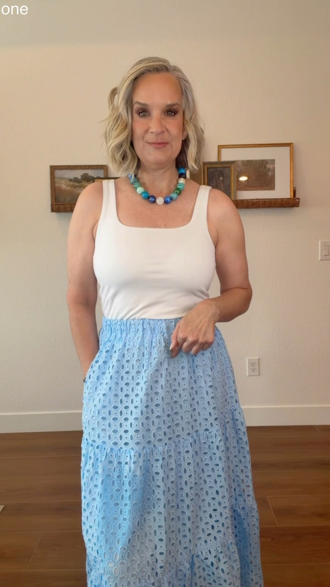 It’s a skirt summer

Midlife style, over 50, midi skirt, casual chic, maxi skirt, pull on , elastic waist, chunky necklace, Target tank top, flats