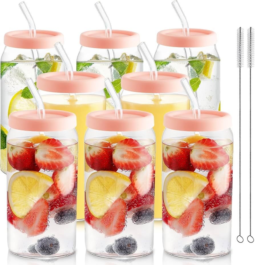 HOMBERKING Glass Cups with Silicone Lids 8pcs Set, 20oz Can Shaped Glass Cups with Straws, Beer G... | Amazon (US)