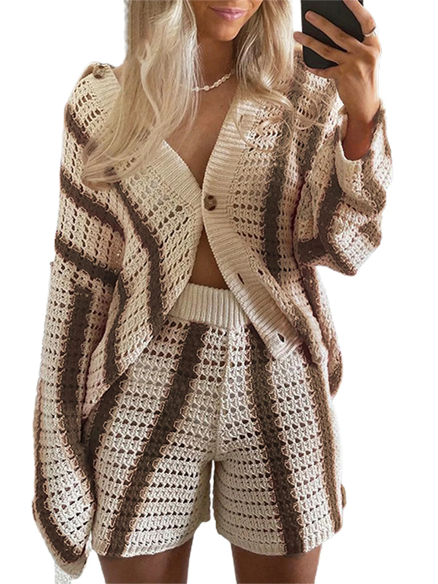 TFFR Knit 2Piece Outfit for Women Long Sleeve Striped Crochet Hollow Out Cardigan/Shorts Sweatsui... | Walmart (US)