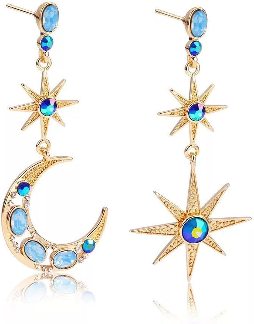 Vintage Blue Crystal Sun and Moon Earrings Asymmetrical Earrings Cubic Zirconia Earrings Drop Dan... | Amazon (US)