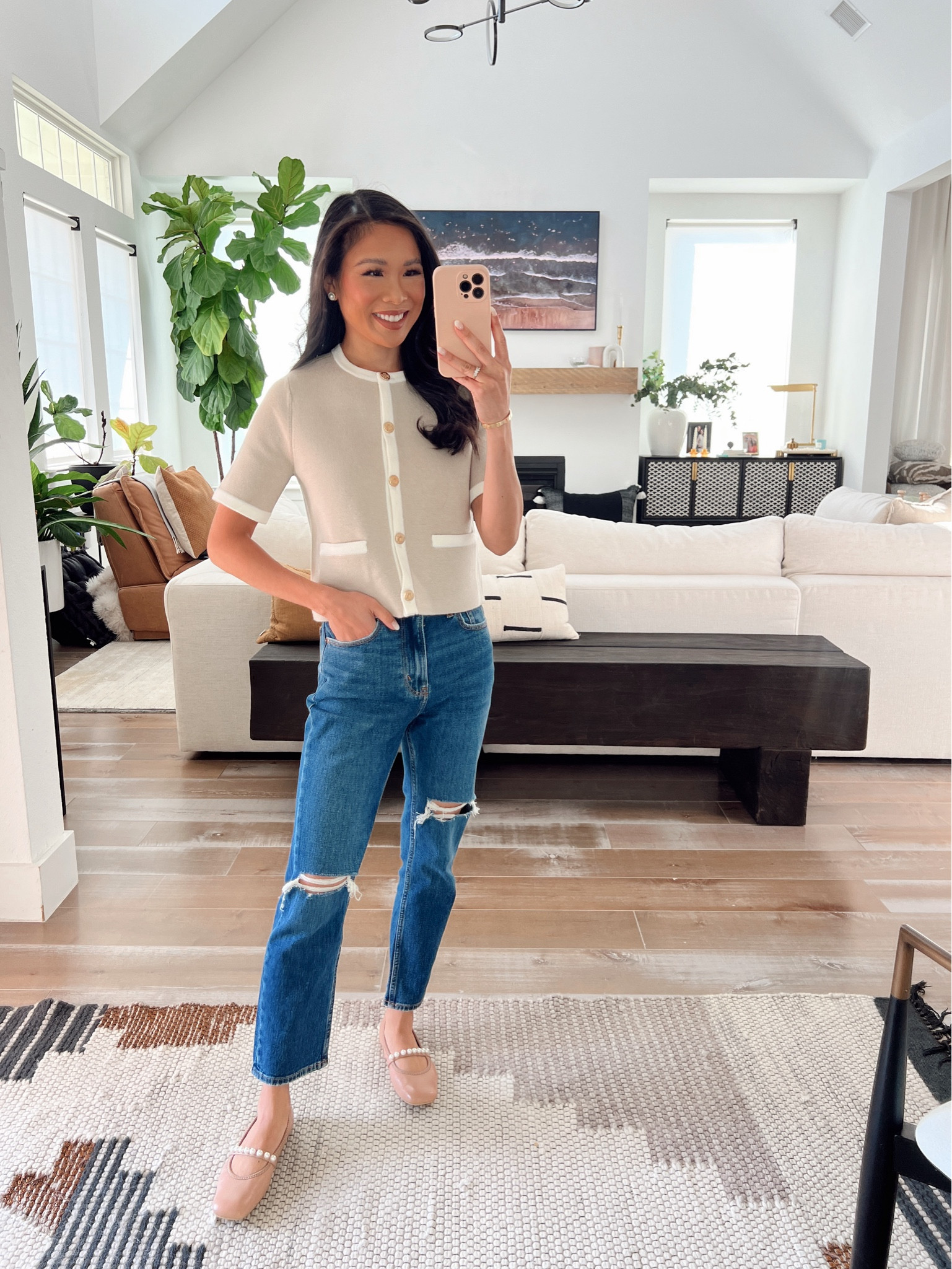 Easy summer to fall transition outfit with Abercrombie ultra high rise straight leg ankle jeans. Wearing size 24 shirt and these fit perfectly. Comfortable, easy to style many ways. Pairing with a short sleeve sweater jacket for that classic old money look and leather Pearl baller flats  

#LTKStyleTip #LTKxAF