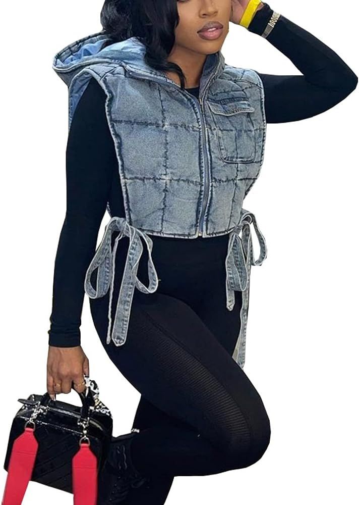 Women's Cropped Denim Vest with Hood Zip Up Sleeveless Side Tied Vintage Short Jean Jacket Hooded... | Amazon (US)