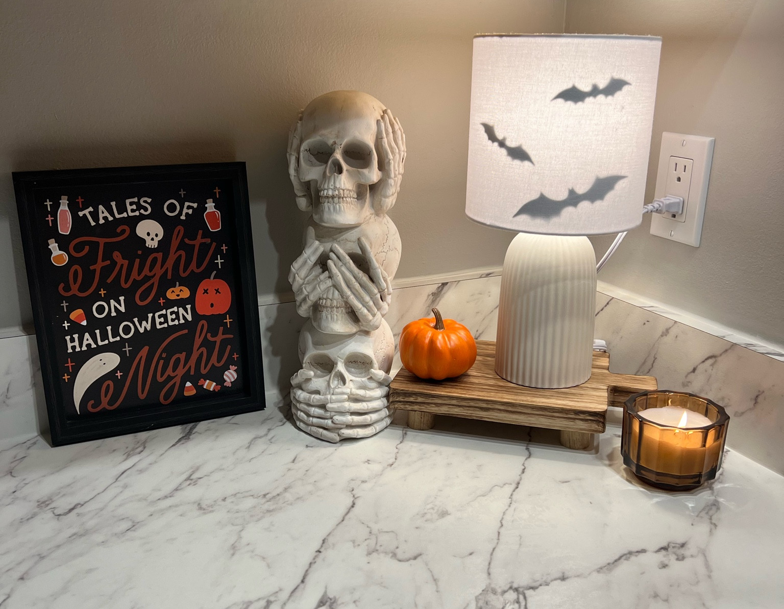 Halloween countertop decor 

Halloween decor, spooky decor, skull decor, minimalist Halloween decor, small lamp, skeletons, plaque art 

#LTKsalealert #LTKHalloween #LTKhome