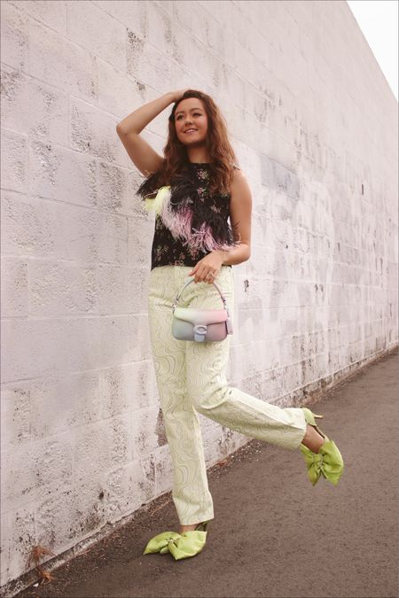 Y2K outfit, trendy outfit, green outfit, printed jeans, bow heels, coach bag, feather top, floral top, spring outfit

#LTKshoecrush #LTKstyletip #LTKFind