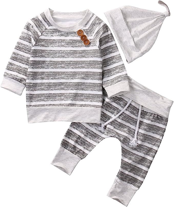 Newborn Baby Boys Girls Hooded Sweatshirt T-Shirt Tops+Striped Pants Kids Outfits Clothes Set | Amazon (US)