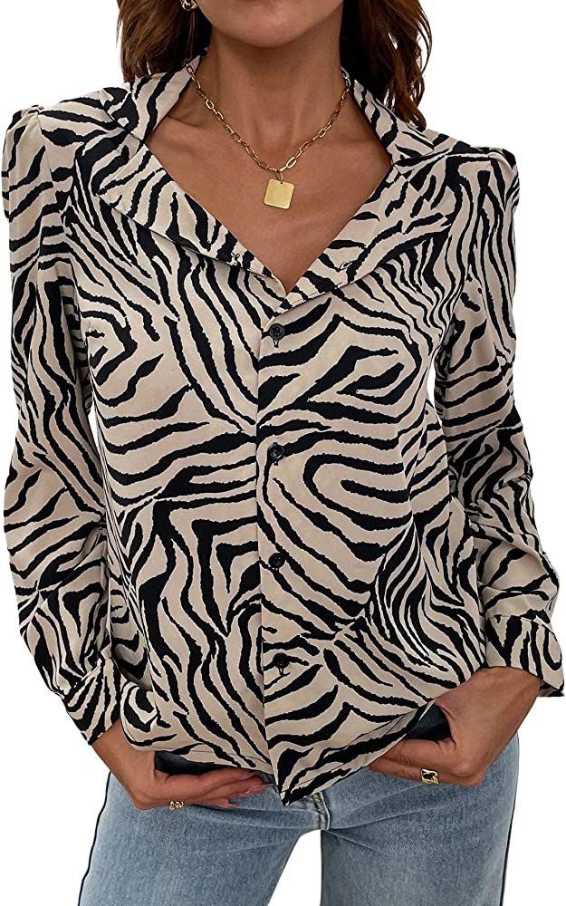 Floerns Women's Zebra Striped Print Button Down Long Sleeve Blouse Tops | Amazon (US)