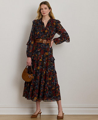 Lauren Ralph Lauren Women's Floral Crinkle Georgette Tiered Dress, 0P-18 - Macy's | Macy's