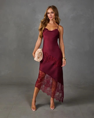 Dusky Romance Satin Lace Trim Slip Midi Dress Wine / L | VICI