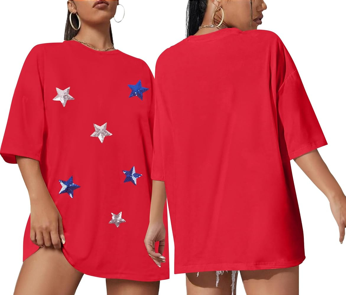 American Flag Stripe Shirt for Women 4th of July T Shirts USA Flag Tees Patriotic Sequin Stars Ov... | Amazon (US)