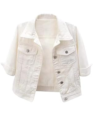 Locachy Womens 3/4 Sleeve Short Denim Jacket Lapel Button Down Cropped Trucker Jean Jackets Coats | Amazon (US)