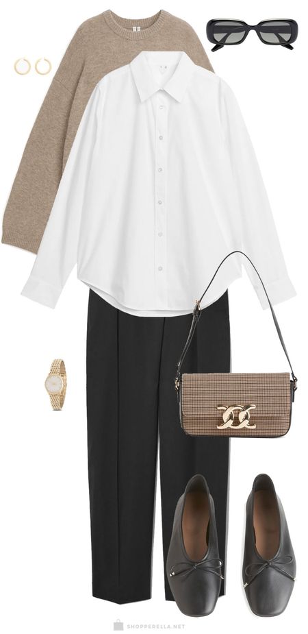 
Business casual outfit of the day 🤍✨ simple outfit with a white button up shirt with black trousers, a comfy sweater, neutral colored handbag and classy ballarina’s.

#LTKworkwear #LTKstyletip #LTKeurope