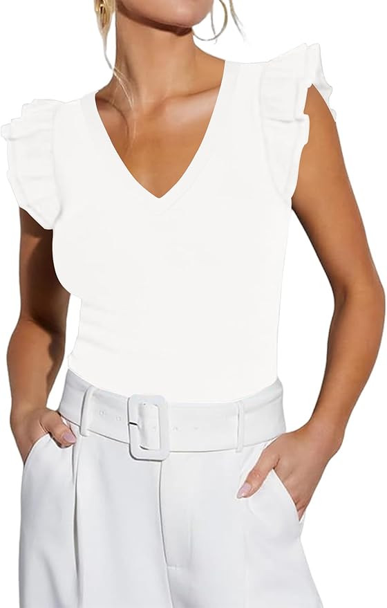 LOMON Womens V Neck Summer Tops Ruffle Sleeveless Slim Fit T Shirts Sexy Blouse Ladies Clothes 20... | Amazon (US)