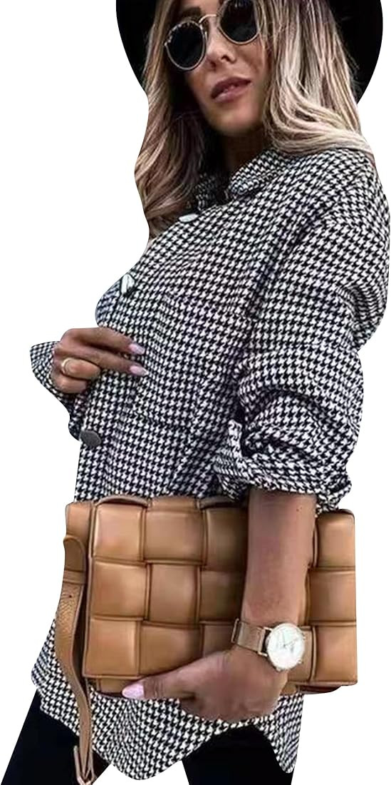 YMING Womens Color Block Plaid Shirts Button Down Loose Fit Cardigans Long Sleeve Pockets Shacket Bl | Amazon (US)