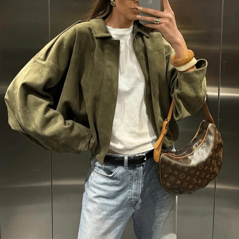 2025 Women Solid Color Faux Suede Oversized Bomber Jacket, Casual Lapel Thin Coat | SHEIN