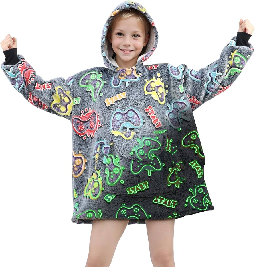 Wearable Blanket Hoodie Kids Gaming Sweatshirt Blanket with Giant Pocket Glow in the Dark Gamer H... | Amazon (US)