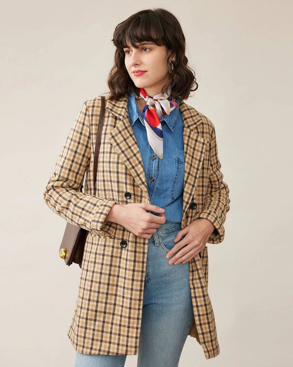 The Color Contrast Plaid Longline Blazer & Reviews - Khaki - Outerwear | RIHOAS | rihoas.com