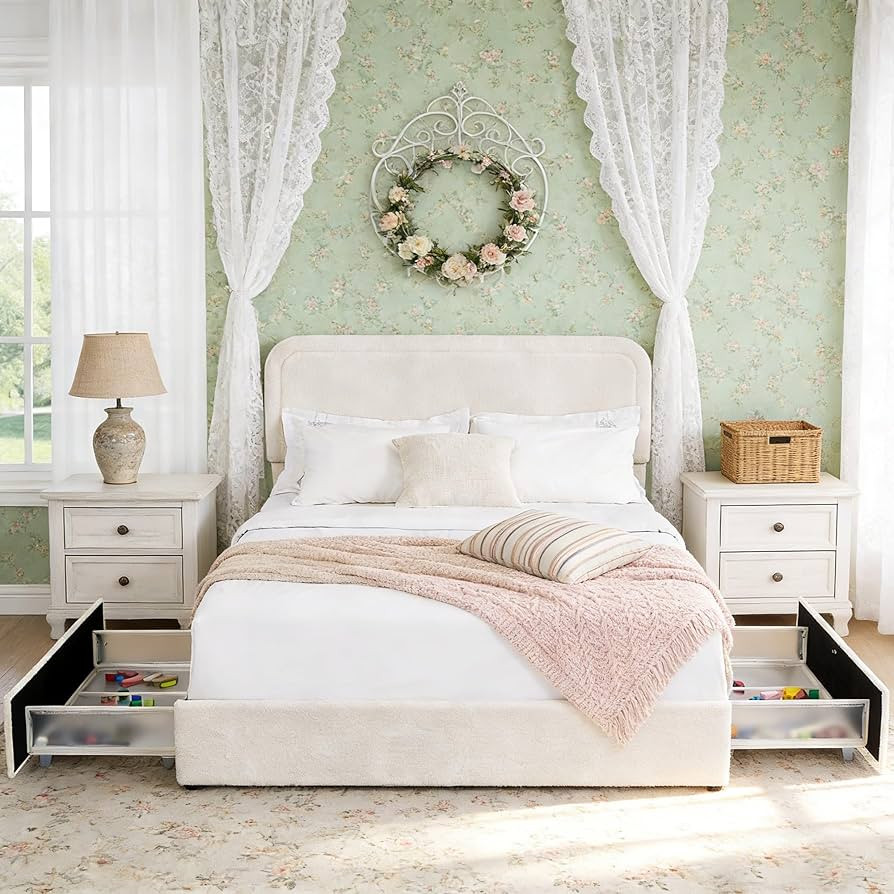 Queen Storage Bed Frame with 2 Integrated Drawers - Boucle Upholstered Platform Bed for Small Spa... | Amazon (US)