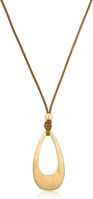Brushed Gold Plated Classic Teardrop Pendant Long Necklace for Women, Adjustable Length Brown Wax... | Amazon (US)