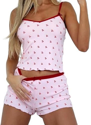 Seyurigaoka Women Y2k 2 Piece Lace Shorts Set Sleeveless V Neck Cami Top with Shorts Pajamas Sets... | Amazon (US)