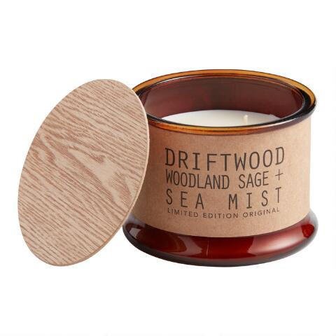 Amber Glass Driftwood and Sea Mist 2 Wick Scented Candle | World Market