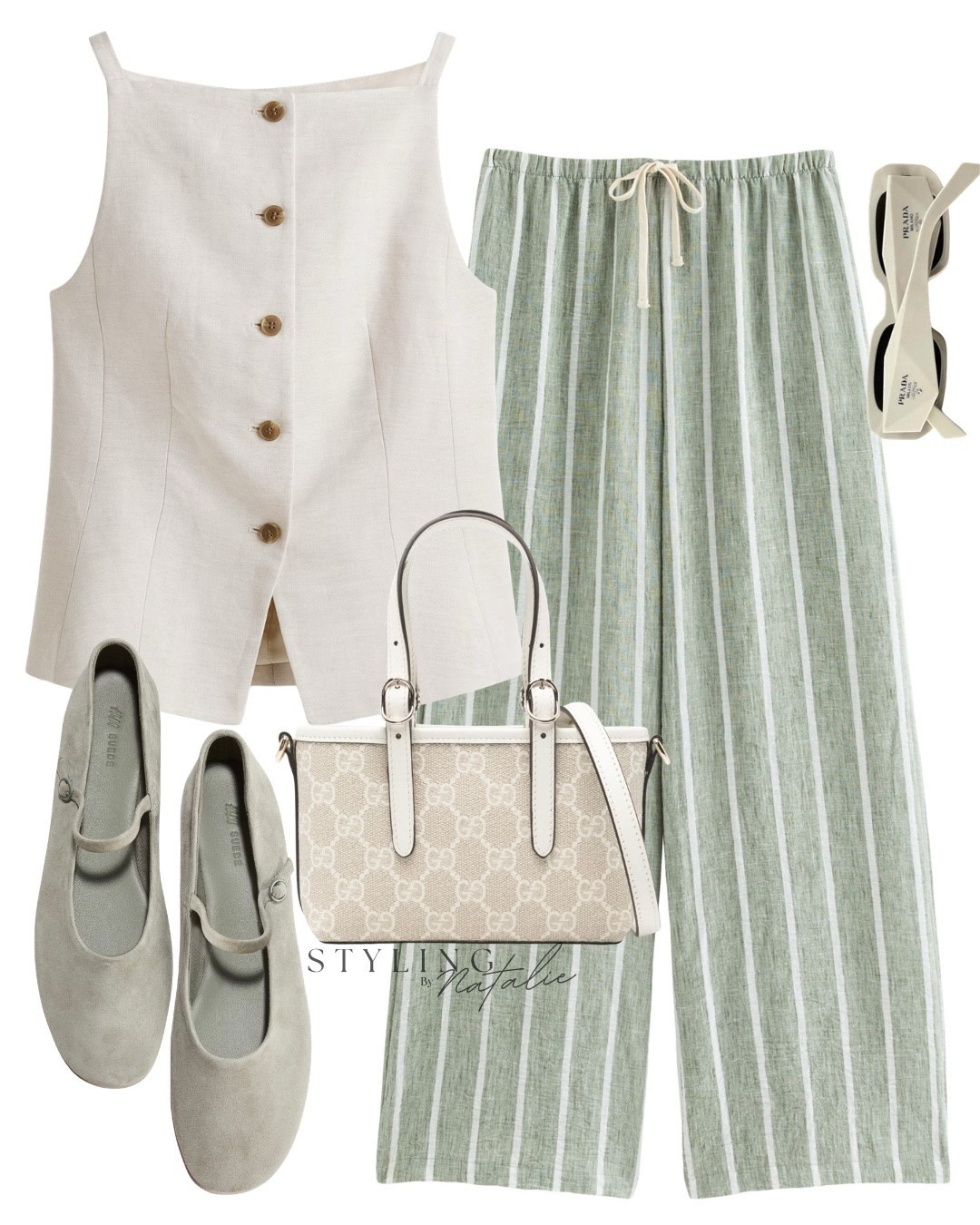 Breezy spring look- green striped wide leg trousers, neutral waistcoat, mini Gucci emblem bag, suede sage green Mary Jane flat shoes and Prada sunglasses. Everyday spring summer outfit, pull on pants, comfy chic, high street #hm #summerclothes 

#LTKspring #LTKsummer #LTKuk