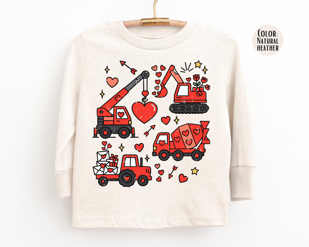 Boys Valentine Construction Trucks Long Sleeve Shirt, Boy Valentines Day Shirt | Etsy (US)
