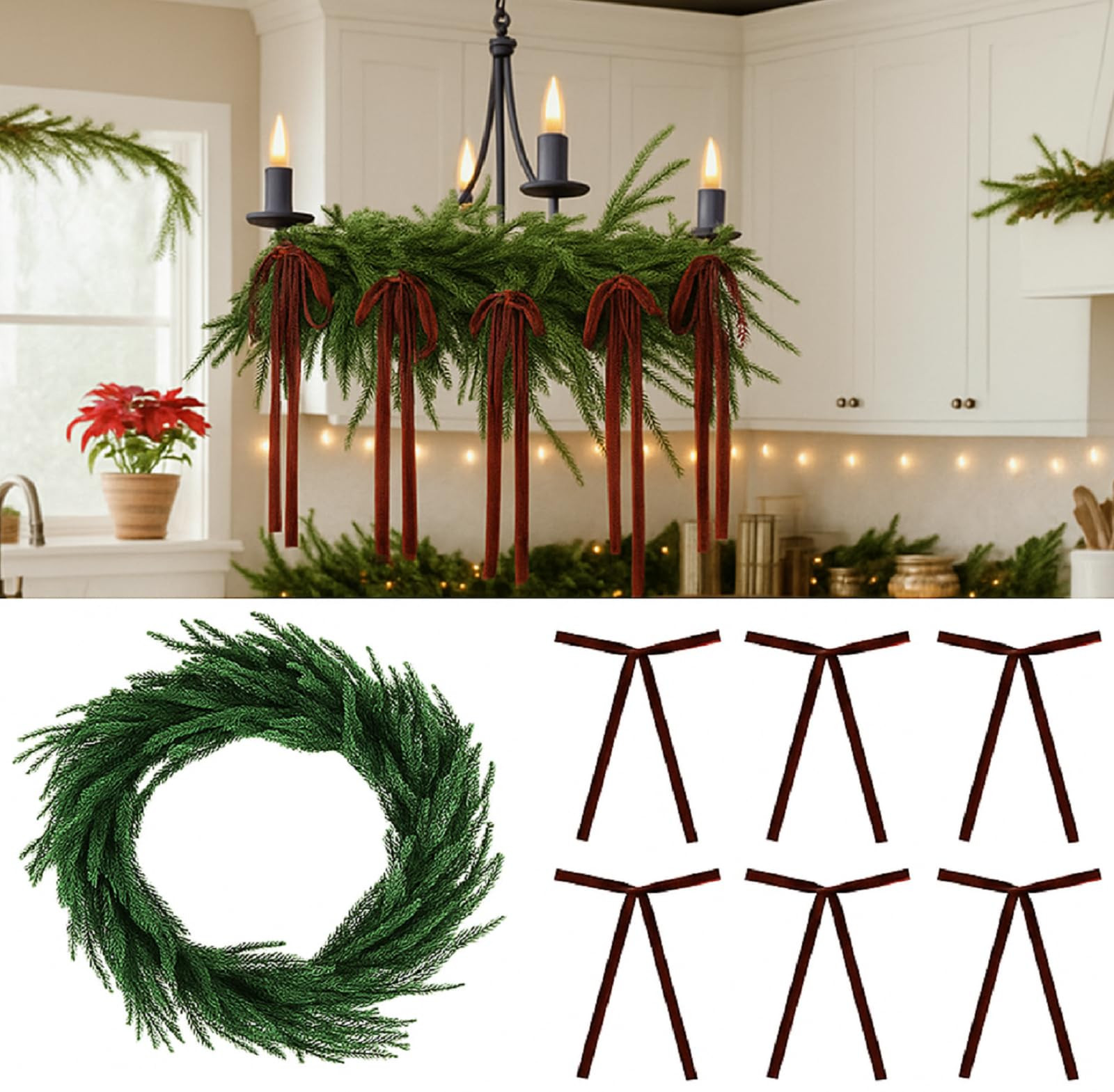 Janinka 5ft Christmas Norfolk Pine Garland Chandelier Decoration with 8 Pcs Brown Velvet Bow, Rea... | Amazon (US)