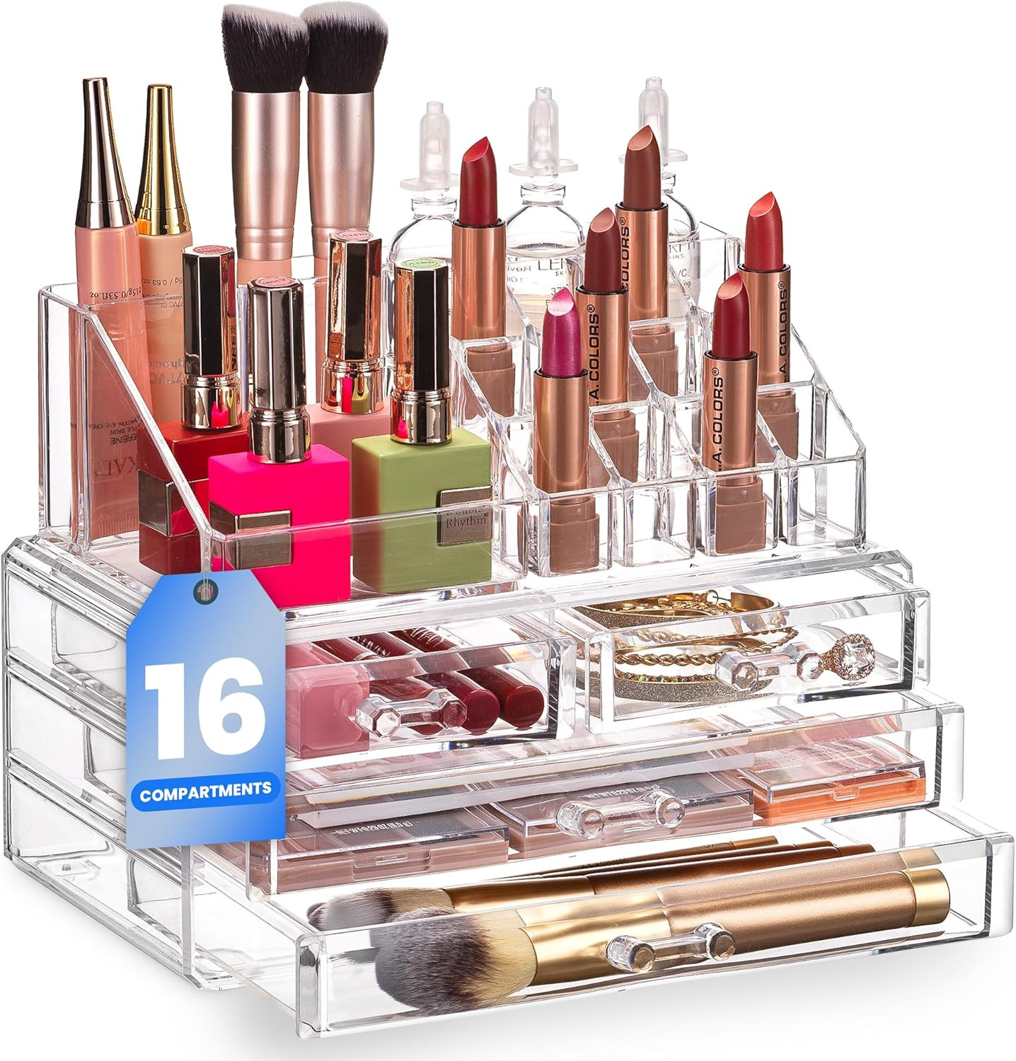 Masirs Clear Makeup Organizer - 16-Compartment Cosmetic and Jewelry Holder with 4 Drawers - Vanit... | Amazon (US)